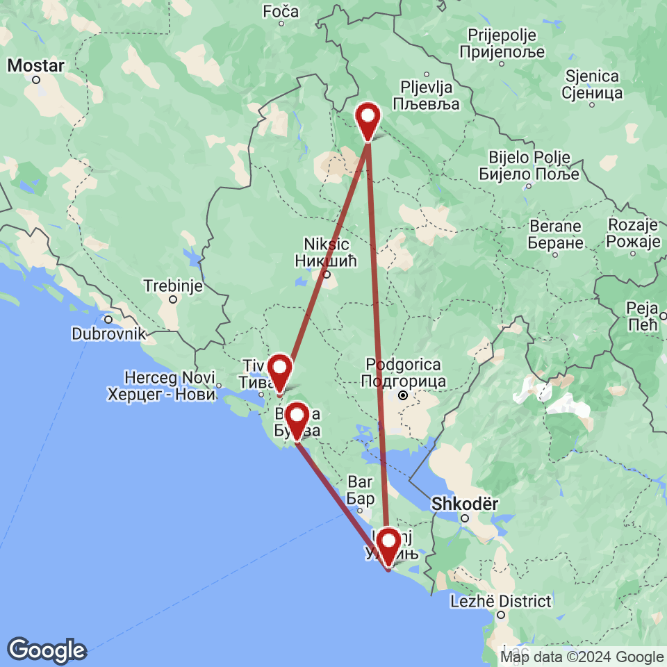 Route for Kotor, Zabljak, Ulcinj, Budva tour